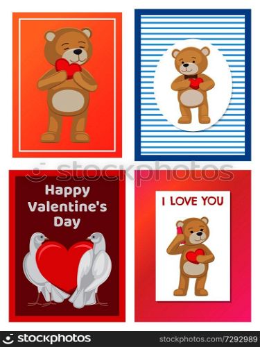 Cute soft toy bears and white doves couples in love with red hearts isolated cartoon banners vector illustrations for valentines day.. Cute Soft Toy Bears and White Doves in Love Set