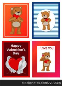 Cute soft toy bears and white doves couples in love with red hearts isolated cartoon banners vector illustrations for valentines day.. Cute Soft Toy Bears and White Doves in Love Set