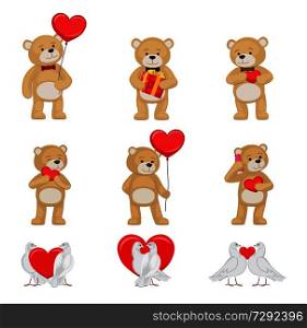 Cute soft toy bears that hold hands and kiss and white doves couples in love with red hearts isolated cartoon vector illustrations for valentines day.. Cute Soft Toy Bears and White Doves in Love Set
