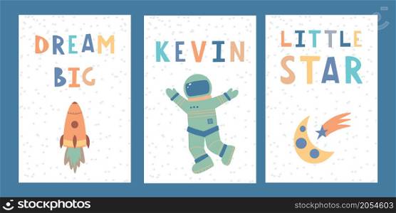 Cute space collection with lettering Childish print for nursery Ideal for baby posters cards clothes Vector cartoon illustration in pastel colors. Cute space collection with lettering childrens print vector cartoon illustration in pastel colors