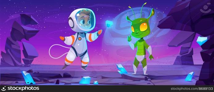 Cute spaceman and alien characters on planet at night. Vector cartoon landscape with rocks, blue crystals, stars in sky, boy astronaut in spacesuit and green extraterrestrial. Cute spaceman and alien characters on planet