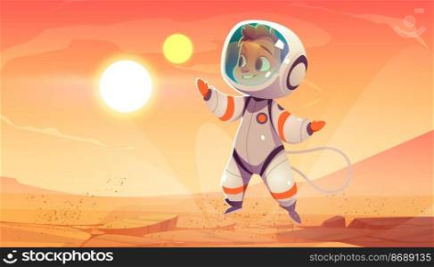 Cute spaceman on Mars surface. Vector cartoon alien planet landscape with red ground and mountains and boy astronaut in spacesuit. Futuristic illustration of cosmonaut in martian desert. Astronaut in spacesuit on Mars surface