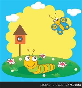 Cute spring card with caterpillar and butterfly.