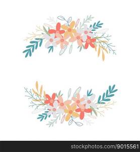 Cute spring flower frame. Round floral decoration, template for invitation, congratulations banner, advertisement or flyer. Flowers, foliage, herbs, twigs and leaves. Summer botanical rim, vector illustration. Cute spring flower frame. Summer botanical rim