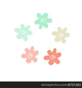  Cute spring flowers in pastel colors. Wildflowers of various colors. Vector flat illustration..  Cute spring flowers in pastel colors. Wildflowers of various colors