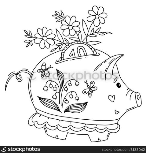 Cute spring pig piggy bank. Vector illustration in hand doodle style. Pig piggy bank with coin, bouquet of flowers, lilies of valley and butterflies. Outline, linear sketch of financial character