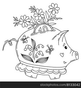 Cute spring pig piggy bank. Vector illustration in hand doodle style. Pig piggy bank with coin, bouquet of flowers, lilies of valley and butterflies. Outline, linear sketch of financial character