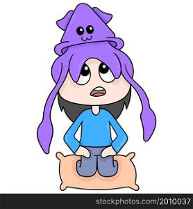 cute squid is on top of a sitting human head