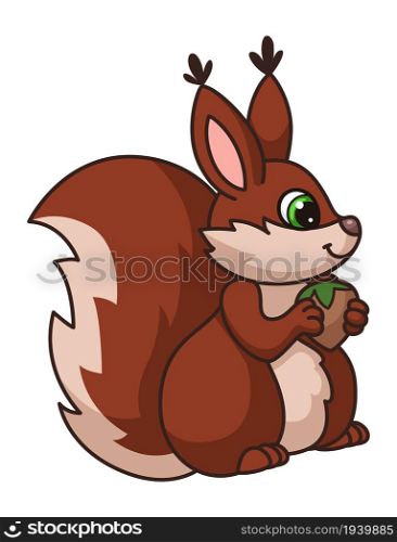 Cute squirrel. Cartoon bun with Walnut in Paves isolated on white background. Cute squirrel. Cartoon bun with Walnut in Paves