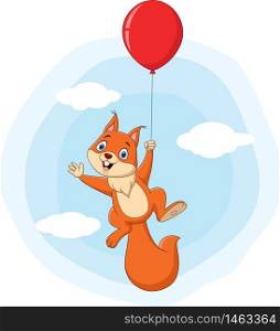 Cute squirrel cartoon flying with balloon