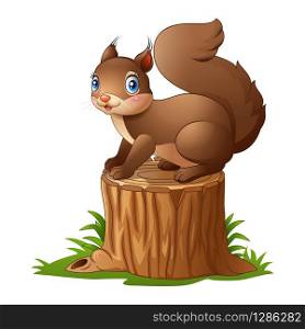 Cute squirrel cartoon standing on tree stump