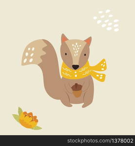 Cute squirrel in a scarf with acorn. Forest animal character design. For baby prints. book illustrations. Cute squirrel in a scarf with acorn. Forest animal