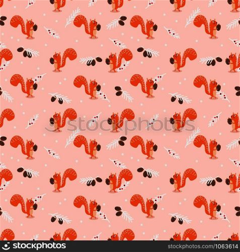 Cute squirrel in Christmas winter seamless pattern.