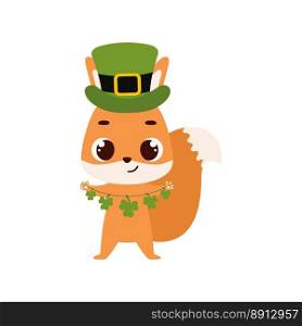 Cute squirrel in green leprechaun hat with clover. Irish holiday folklore theme. Cartoon design for cards, decor, shirt, invitation. Vector stock illustration.