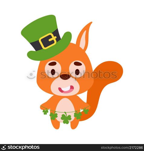 Cute squirrel in St. Patrick&rsquo;s Day leprechaun hat holds shamrocks. Irish holiday folklore theme. Cartoon design for cards, decor, shirt, invitation. Vector stock illustration.