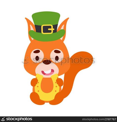 Cute squirrel St. Patrick’s Day leprechaun hat holds horseshoe. Irish holiday folklore theme. Cartoon design for cards, decor, shirt, invitation. Vector stock illustration.
