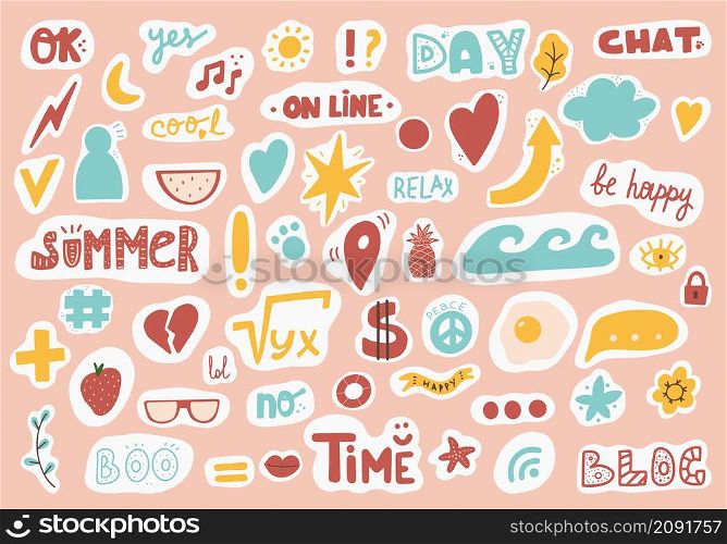 Cute sticker template decorated with cartoon image and trendy lettering. Signs, symbols, objects for scheduler or organizer. Vector illustration. Cute sticker template decorated with cartoon image and trendy lettering. Signs, symbols, objects for scheduler or organizer
