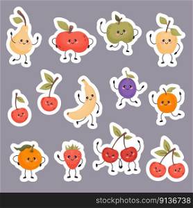 Cute stickers cartoon characters fruits. Apples, pear, strawberry, banana, plum, apricot, cherry and tangerine. Vector illustration. Collection funny food emoji in flat style