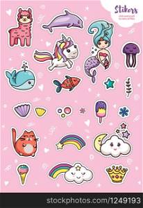 Cute Stickers Kawai on Pink Background. Happy Cat, Alpaca, Unicorn, Mermaid and Sea Animal with Smile Character. Colorful Creative Comic Design Collage. Flat Cartoon Vector Illustration. Cute Stickers Kawai on Pink Magic Emblem Creative