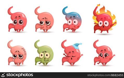 Cute stomach character with different emotions isolated on white background. Vector set of cartoon funny gastric, human abdomen organ smiles, sleeps, feels ache, nausea, reflux and heartburn. Cute stomach character with different emotions