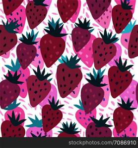Cute strawberry and polka dot seamless pattern on a white background. Summer fruit hand drawn strawberries wallpaper. Template for kitchen design, package, home textile. Vector illustration. hand drawn strawberry with leaves and dot seamless pattern