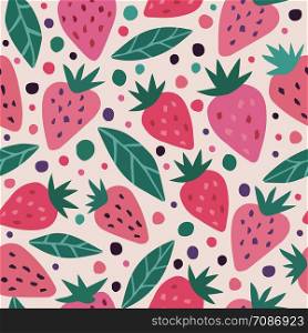 Cute strawberry and polka dots seamless pattern on a white background. Summer fruit hand drawn strawberries wallpaper. Vector illustration. hand drawn strawberry with leaves and dot seamless pattern
