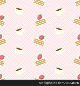 cute strawberry cream cake and coffee cup seamless pattern
