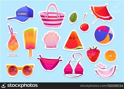 Cute summer stickers for girls, cartoon ice cream, pink bikini swimwear, watermelon and orange slices, cherry, cap with beach bag, shell, sunglasses and ball with umbrella, coconut or shell vector set. Cute summer stickers for girls, cartoon vector set