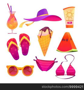 Cute summer stickers for girls, cartoon ice cream, pink bikini swimwear, watermelon, cocktail with orange slices, beach hat, sunglasses and colorful flip flops, sunscreen cream vector set. Cute summer stickers for girls, cartoon vector set