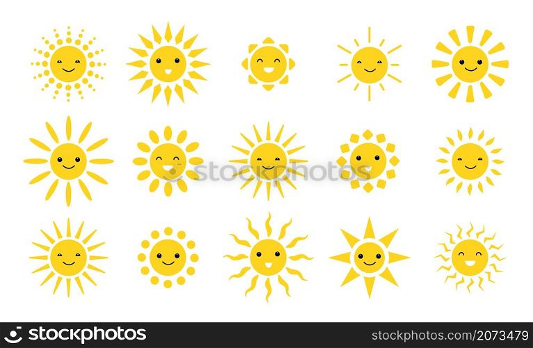 Cute sun emoji. Cute suns smile, fun weather sunlight icons. Isolated sunny faces, summer sunshine heating smiley utter vector collection. Illustration sun and weather emotion, emoticon hot sunshine. Cute sun emoji. Cute suns smile, fun weather sunlight icons. Isolated sunny faces, summer sunshine heating smiley utter vector collection