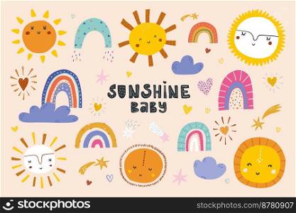 Cute sun flat vector illustrations set. Yellow childish sunny emoticons collection. Smiling sun with sunbeams cartoon character, colorfull rainbows and more items.. Cute sun flat vector illustrations set. Yellow childish sunny emoticons collection. Smiling sun with sunbeams cartoon character, colorfull rainbows and more items