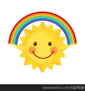 Cute sun holds a rainbow isolated on white background. Summer Icon in flat style. Vector illustration.. Cute sun icon holds a rainbow in flat style isolated on white background.