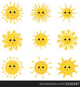 Cute Sun. Icon Vector Set. Drawn funny drawings. Different Funny Suns with faces and eyes. Vector illustration