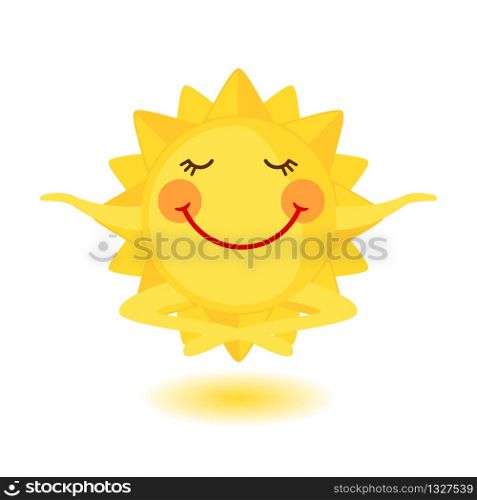 Cute sun is meditating in flat style isolated on white background. Summer Icon in flat style. Vector illustration.. Cute sun is meditating in flat style isolated on white background.