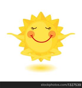Cute sun is meditating in flat style isolated on white background. Summer Icon in flat style. Vector illustration.. Cute sun is meditating in flat style isolated on white background.