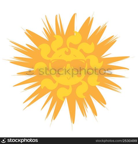 Cute Sun. Style the sun in sunglasses. Yellow-orange sun with a smile and glasses. Greeting cards, print t-shirt design, decor, cute summer illustration. Isolated on white background. Icon Vector
