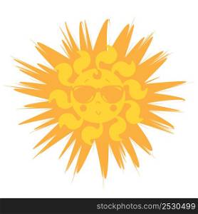Cute Sun. Style the sun in sunglasses. Yellow-orange sun with a smile and glasses. Greeting cards, print t-shirt design, decor, cute summer illustration. Isolated on white background. Icon Vector