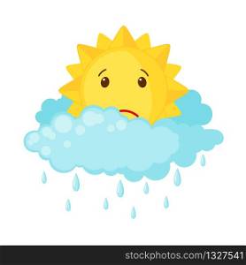 Cute sun with clouds and rain isolated on white background. Icon in flat style. Weather concept. Vector illustration.. Cute sun with clouds and rain in flat style isolated on white background.