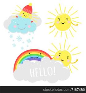Cute sunny vector illustration with cartoon sun, clouds and rainbow. Meteorological sunny sun and creative cloud. Cute sunny vector illustration with cartoon sun, clouds and rainbow