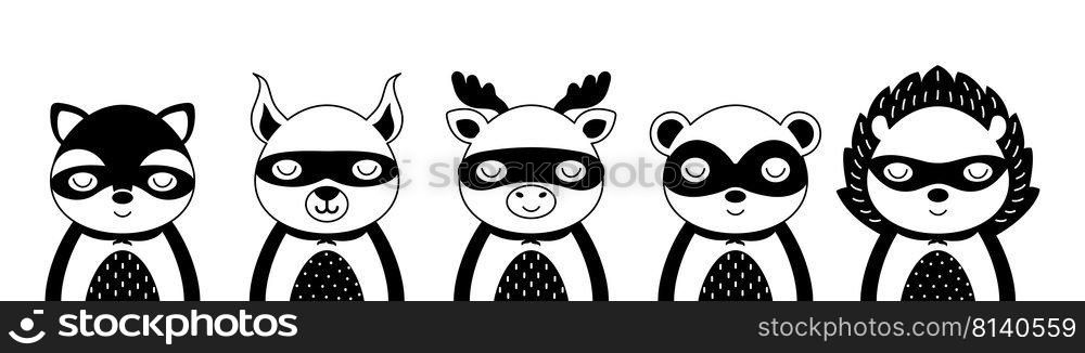 Cute super hero character animals. Desing for kids t-shirts, nursery decoration, greeting cards. Cute character in scandinavian style. Black and white set of raccoon, squirrel, moose, badger, hedgehog