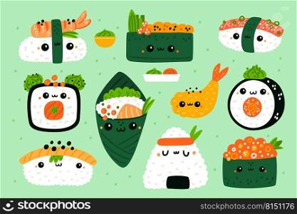 Cute sushi rolls. Funny Japanese food elements. Seafood fresh product. Rice with fishes or caviar filling. Ginger and wasabi snack. Cartoon sashimi characters with faces. Asian meal. Garish vector set. Cute sushi rolls. Japanese food elements. Seafood fresh product. Rice with fishes or caviar filling. Ginger and wasabi snack. Cartoon sashimi characters. Asian meal. Garish vector set