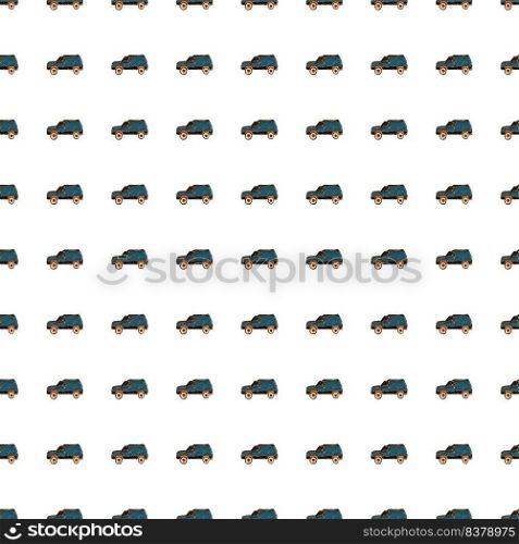 Cute SUV car seamless pattern. Kids hand drawn automobile background. Doodle boy transport wallpaper. Design for fabric, textile print, wrapping, cover. Vector illustration. Cute SUV car seamless pattern. Kids hand drawn automobile background.