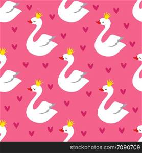 Cute swan princess with crown seamless vector pattern on pink background. Illustration of bird pattern princess swan. Cute swan princess with crown seamless vector pattern on pink background