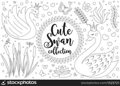 Cute swan set Coloring book page for kids. Collection of design element sketch outline style. Kids baby clip art funny smiling kit. Vector illustration.. Cute swan set Coloring book page for kids. Collection of design element sketch outline style. Kids baby clip art funny smiling kit. Vector illustration