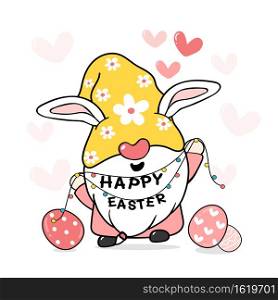 Cute sweet Easter Bunny gnome with rabbit ears, Happy Easter cartoon vector