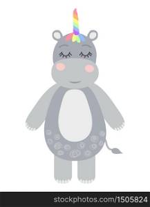 Cute sweet little hippo with a unicorn horn. Scandinavian style flat design. Concept for children print.