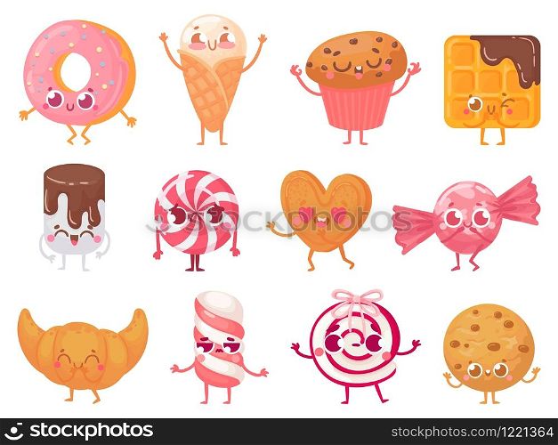 Cute sweets. Happy cupcake mascot, funny sweet candy character and smiled donut. Cookies, ice cream and croissant cartoon mascots vector illustration set. Collection of adorable desserts with faces.. Cute sweets. Happy cupcake mascot, funny sweet candy character and smiled donut. Cookies, ice cream and croissant cartoon mascots vector illustration set