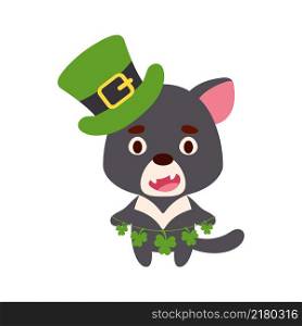 Cute tasmanian devil in St. Patrick&rsquo;s Day leprechaun hat holds shamrocks. Irish holiday folklore theme. Cartoon design for cards, decor, shirt, invitation. Vector stock illustration.