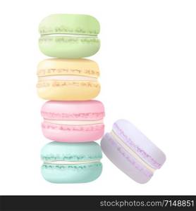 Cute tasty macaroons tower set. Sweet almond french cake macaron. Blue, rose, yellow, purple and green. Vector illustration. Culinary, pastry, cookie. For decoration, blog, web print label tag. Cute tasty macaroons tower set. Sweet almond french cake macaron. Blue, rose, yellow, purple and green