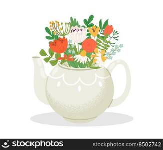 Cute teapot with bouquet of flowers. Kitchenware with plants and blossom as daisy and tulip for home decor. Teatime concept, spring floral composition with blooming vector illustration. 2207 S ST Cute teapot with bouquet of flowers